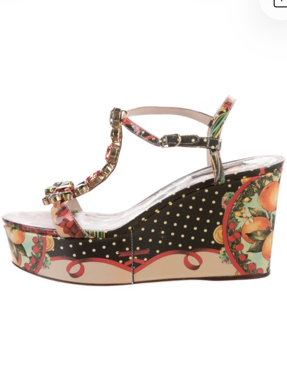 2010s Dolce & Gabbana Floral & Citrus Crystal Embellished Wedge Sandals
